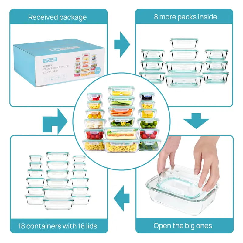 Premium 18-Piece Borosilicate Glass Food Storage Containers with Airtight Lids – Leakproof, Stackable & BPA-Free