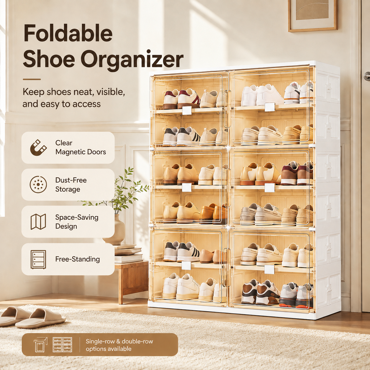 Foldable Shoe Organizer with Clear Magnetic Doors – Space-Saving Shoe Storage Cabinet