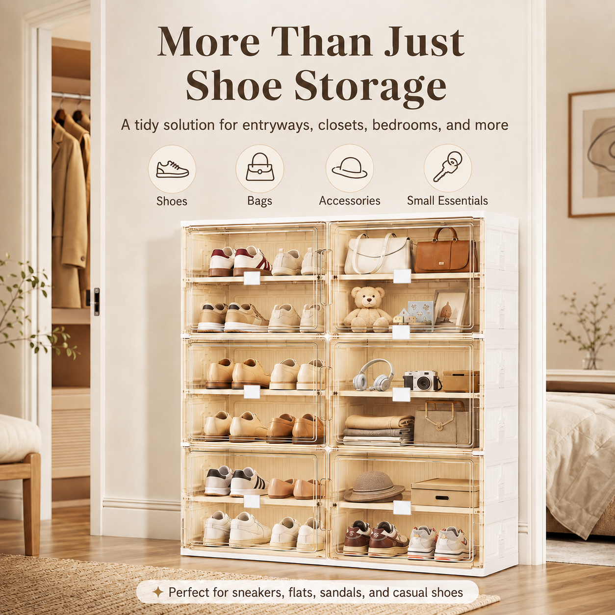 Foldable Shoe Organizer with Clear Magnetic Doors – Space-Saving Shoe Storage Cabinet