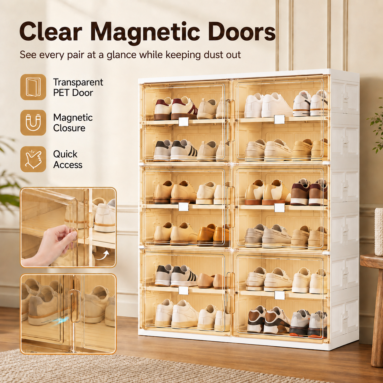 Foldable Shoe Organizer with Clear Magnetic Doors – Space-Saving Shoe Storage Cabinet