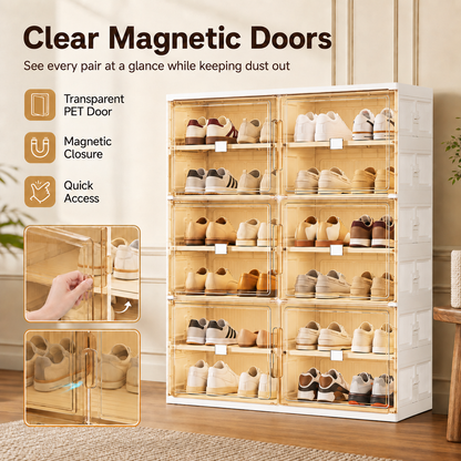 Foldable Shoe Organizer with Clear Magnetic Doors – Space-Saving Shoe Storage Cabinet